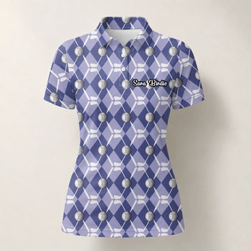 Personalisiertes Golf Poloshirt Blaues Rauten Golfball Golfschläger Design für Damen F3847