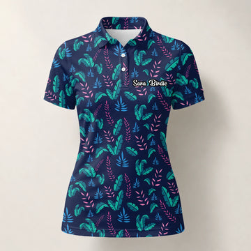 Personalisiertes Golf Poloshirt Marineblau Türkis Tropisches Blätter Design für Damen S8145