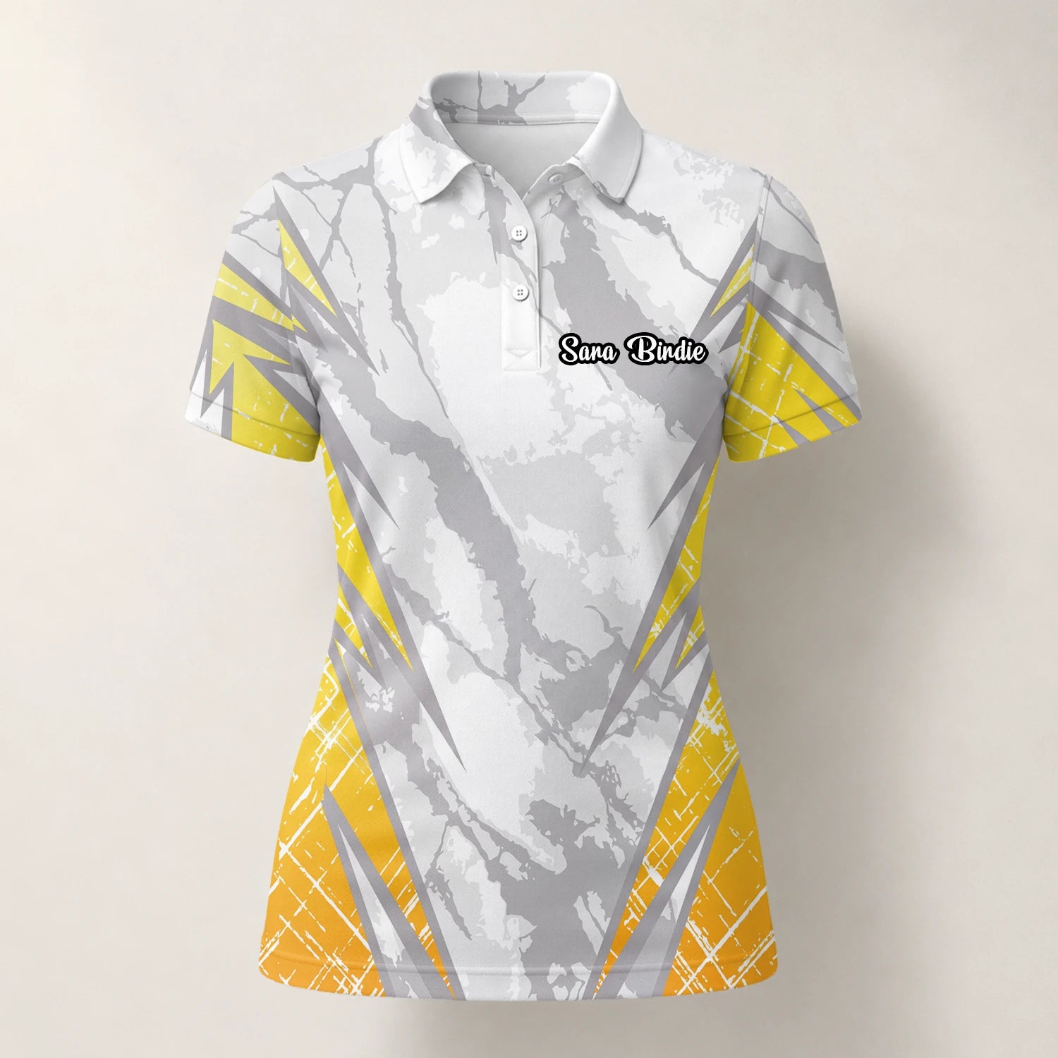 Personalisiertes Golf Poloshirt Weiß Grau Gelbes Marmor Streifen Design für Damen T6326