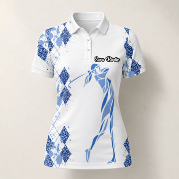 Personalisiertes Golf Poloshirt Weiß Blaues Rauten Golfer Silhouetten Design für Damen M6672