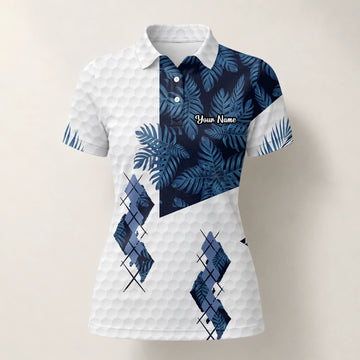 Personalisiertes Golf Poloshirt Weiß Marineblaues Tropisches Blätter Rauten Design für Damen D6549
