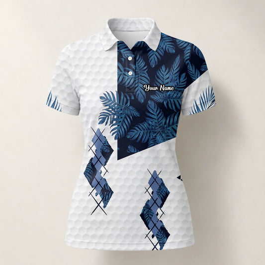 Personalisiertes Golf Poloshirt Weiß Marineblaues Tropisches Blätter Rauten Design für Damen D6549