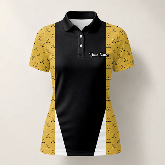 Personalisiertes Golf Poloshirt in Schwarz-Gold mit Golfschläger-Muster und Streifen für Damen B5489