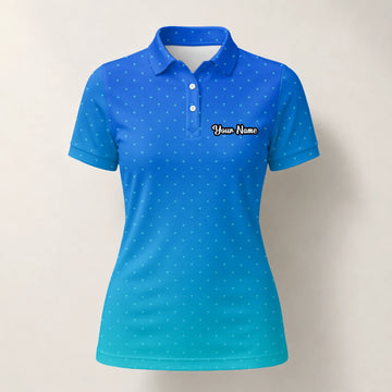 Personalisiertes Golf Poloshirt Blau Türkis Punkt Verlauf Design für Damen C6032