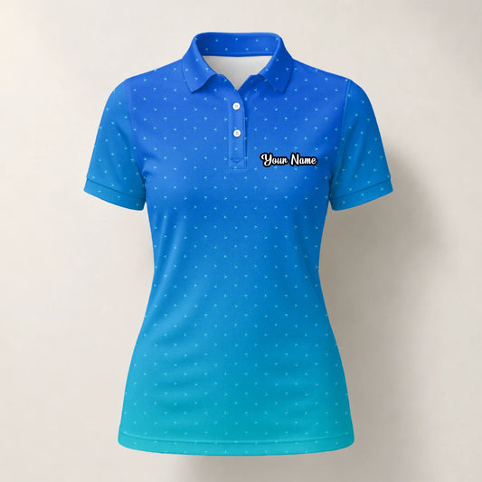 Personalisiertes Golf Poloshirt Blau Türkis Punkt Verlauf Design für Damen C6032