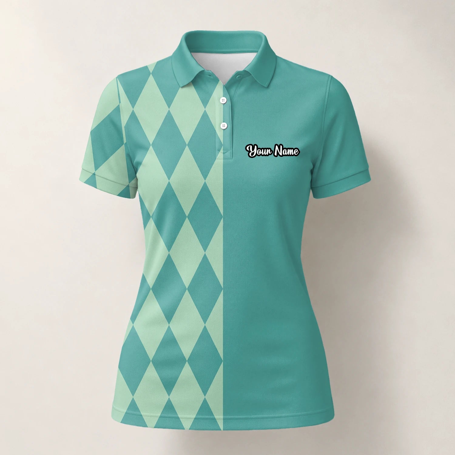 Personalisiertes Golf Poloshirt Türkis Mint Rauten Muster für Damen A8483