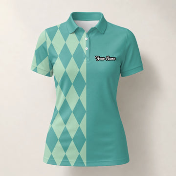 Personalisiertes Golf Poloshirt Türkis Mint Rauten Muster für Damen A8483