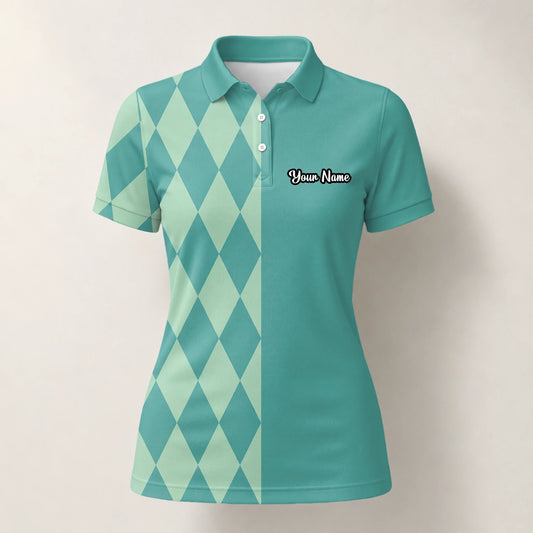 Personalisiertes Golf Poloshirt Türkis Mint Rauten Muster für Damen A8483