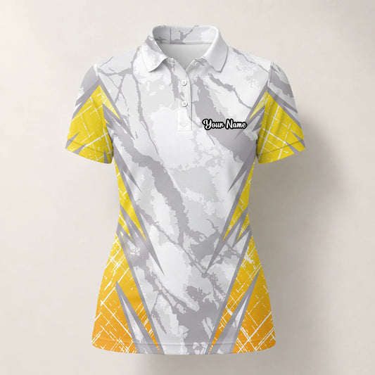 Personalisiertes Golf Poloshirt Weiß Grau Gelbes Marmor Streifen Design für Damen T6326