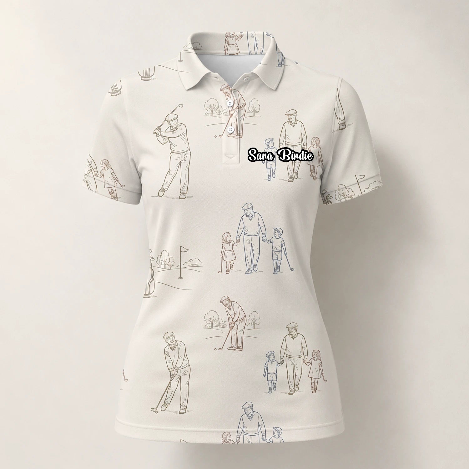 Personalisiertes Golf Poloshirt Beige Vintage Golfspieler Skizzen Design für Damen D6556