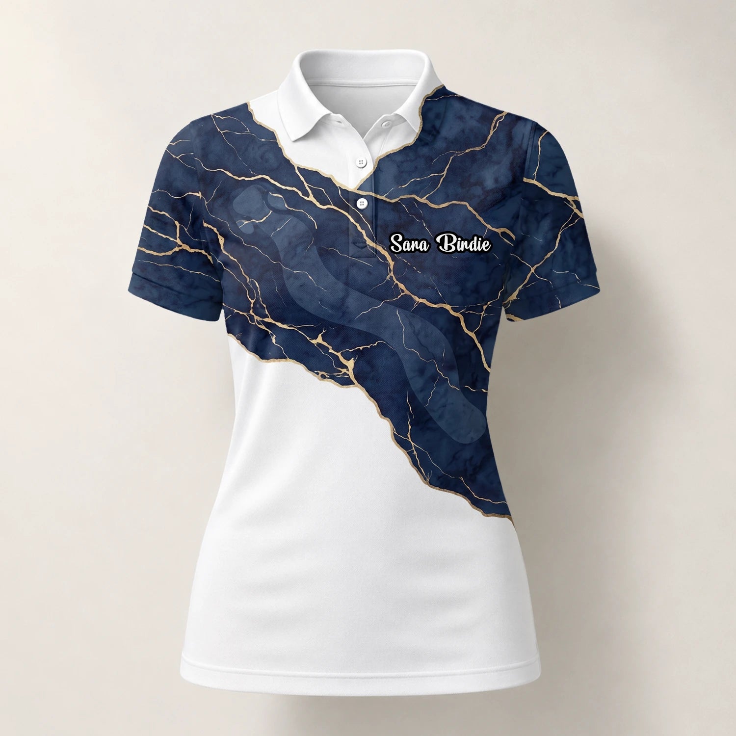 Personalisiertes Golf Poloshirt Weiß Marineblaues Marmor Goldadern Design für Damen B4939