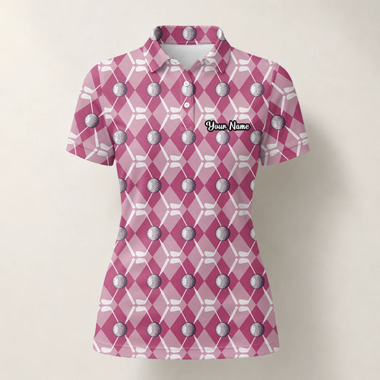 Personalisiertes Golf Poloshirt Rosa Rauten Golfball Design für Damen X0000