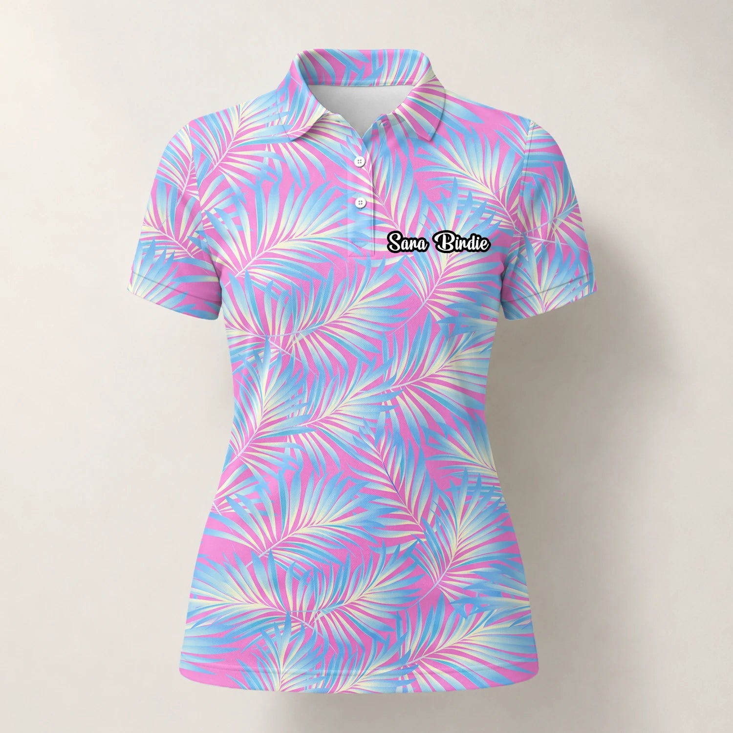 Personalisiertes Golf Poloshirt Rosa Blaues Palmenblätter Design für Damen F1458