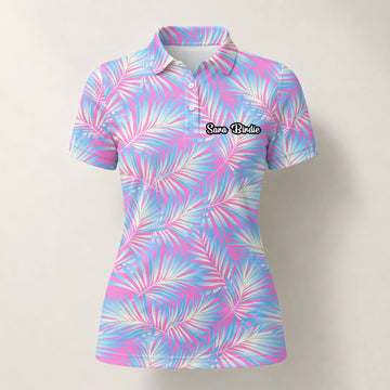 Personalisiertes Golf Poloshirt Rosa Blaues Palmenblätter Design für Damen F1458