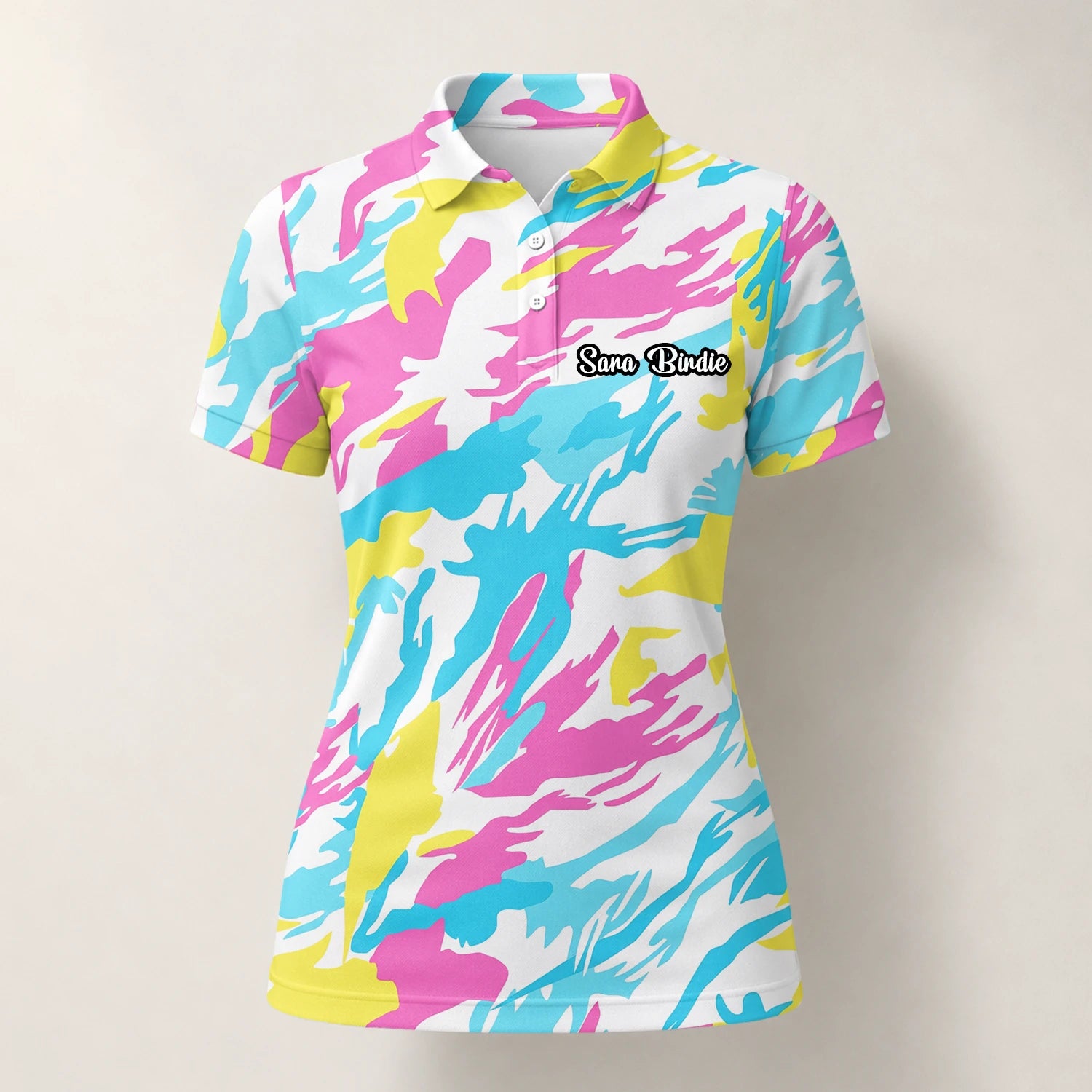 Personalisiertes Golf Poloshirt Pastell Regenbogen Camo Design für Damen F0280
