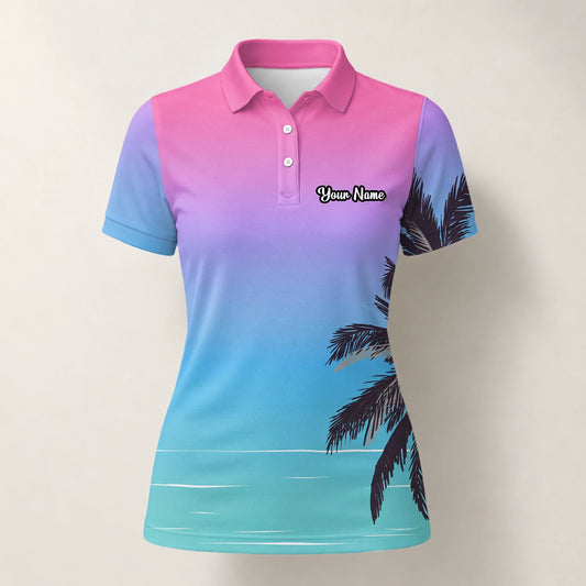 Personalisiertes Golf Poloshirt Rosa Blaues Palmen Strand Sonnenuntergang Design für Damen Q3519