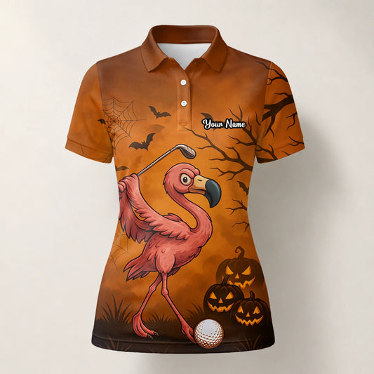 Personalisiertes Golf Poloshirt Orange Halloween Flamingo Golfer Kürbis Design für Damen V7072