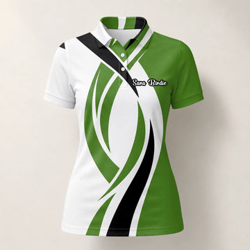 Personalisiertes Golf Poloshirt Weiß Grün Schwarzes Abstraktes Wellen Design für Damen P7352