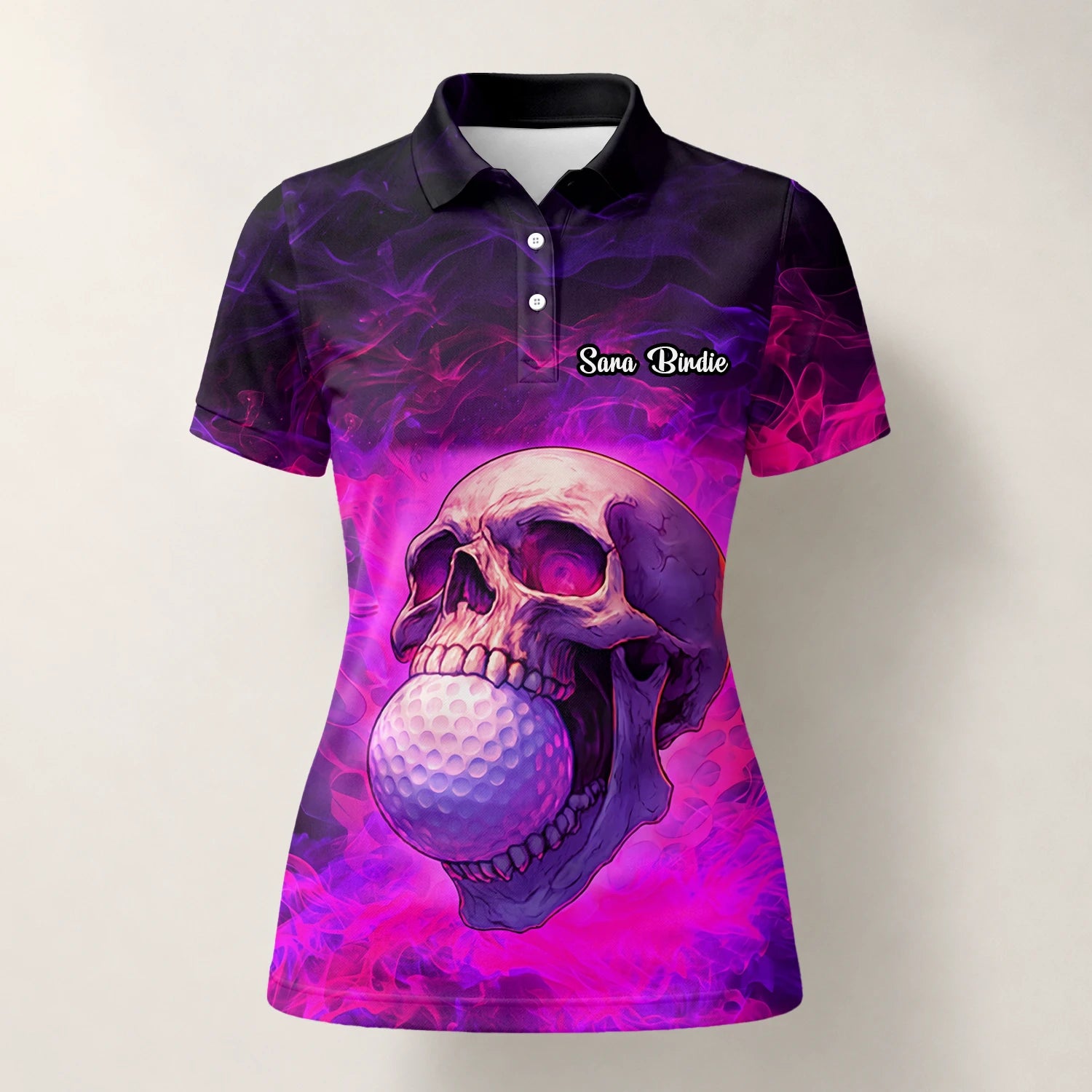 Personalisiertes Golf Poloshirt Lila Rosa Totenkopf Golfball Smoke Design für Damen L7637