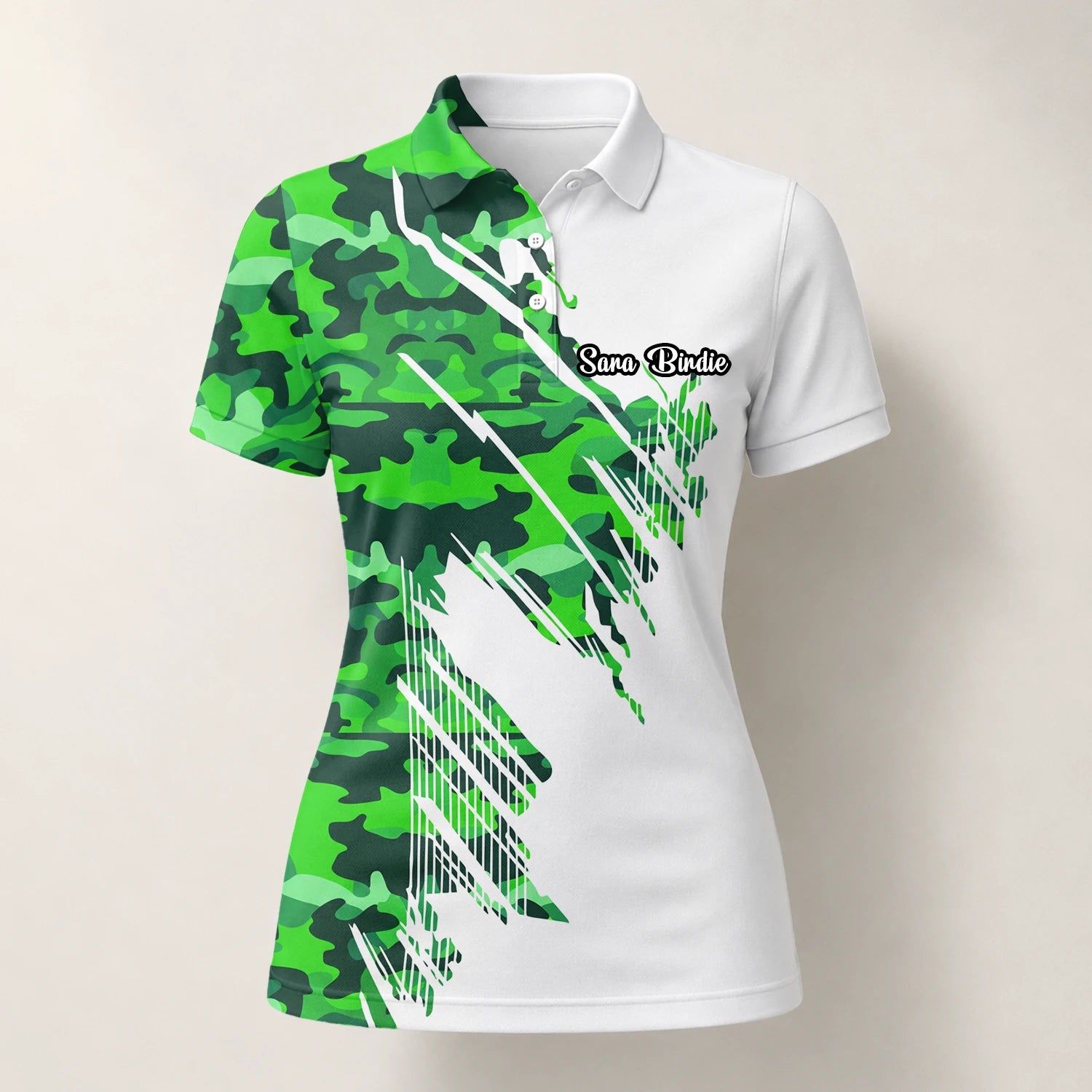 Personalisiertes Golf Poloshirt Weiß Grünes Camo Pinselstreifen Design für Damen E9788