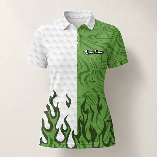 Personalisiertes Golf Poloshirt Weiß Grünes Flammen Marmor Design für Damen D2353