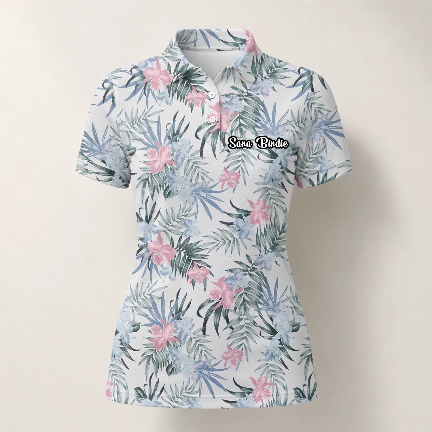 Personalisiertes Golf Poloshirt Weiß Rosa Tropisches Blumen Blätter Design für Damen C1037
