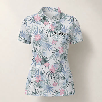 Personalisiertes Golf Poloshirt Weiß Rosa Tropisches Blumen Blätter Design für Damen C1037