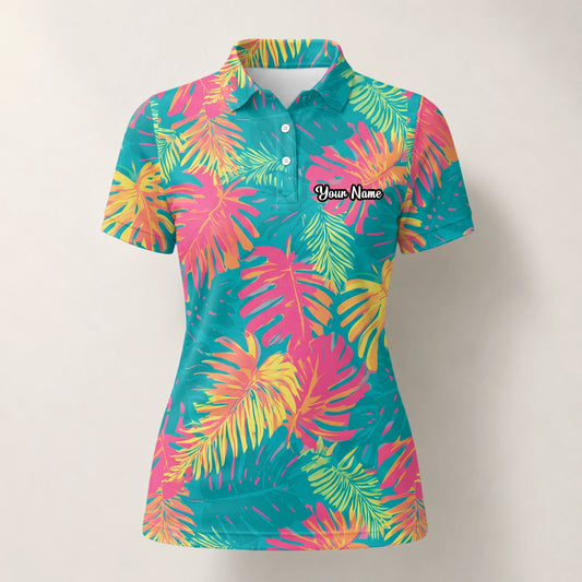 Personalisiertes Golf Poloshirt Türkis Korallenrotes Tropisches Blätter Design für Damen H8937