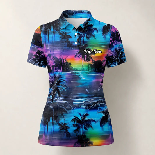 Personalisiertes Golf Poloshirt Blau Lila Palmen Sonnenuntergang Design für Damen K8435