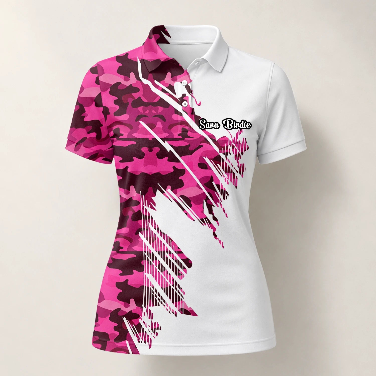 Personalisiertes Golf Poloshirt Weiß Rosa Camo Pinselstrich Design für Damen S6501
