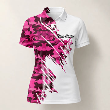 Personalisiertes Golf Poloshirt Weiß Rosa Camo Pinselstrich Design für Damen S6501