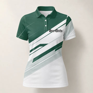 Personalisiertes Golf Poloshirt Grün Weißes Abstraktes Streifen Design für Damen E5041