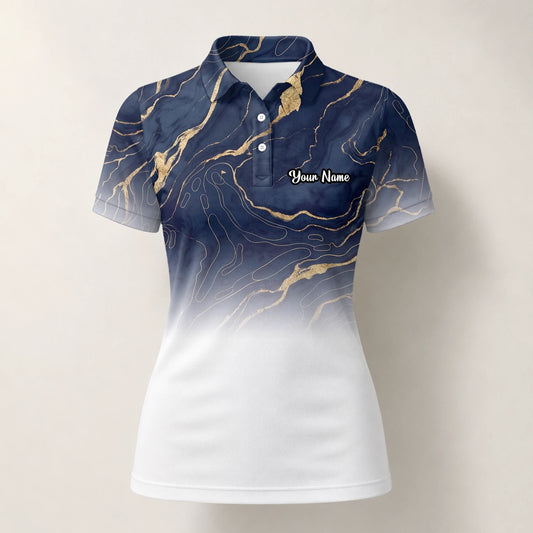 Personalisiertes Golf Poloshirt Marineblau Weißes Marmor Goldadern Design für Damen U5613