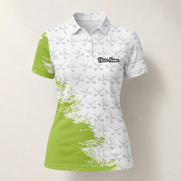 Personalisiertes Golf Poloshirt in Weiß-Limettengrün mit Golfschläger-Muster und Farbklecks für Damen H4508