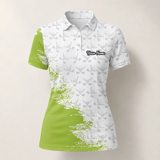 Personalisiertes Golf Poloshirt in Weiß-Limettengrün mit Golfschläger-Muster und Farbklecks für Damen H4508