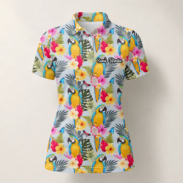 Personalisiertes Golf Poloshirt Creme Gelbes Tropisches Papagei Hibiskus Design für Damen V2558