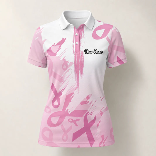 Personalisiertes Golf Poloshirt Weiß Rosa Brustkrebs Awareness Schleifen Pinselstrich Design für Damen U4702