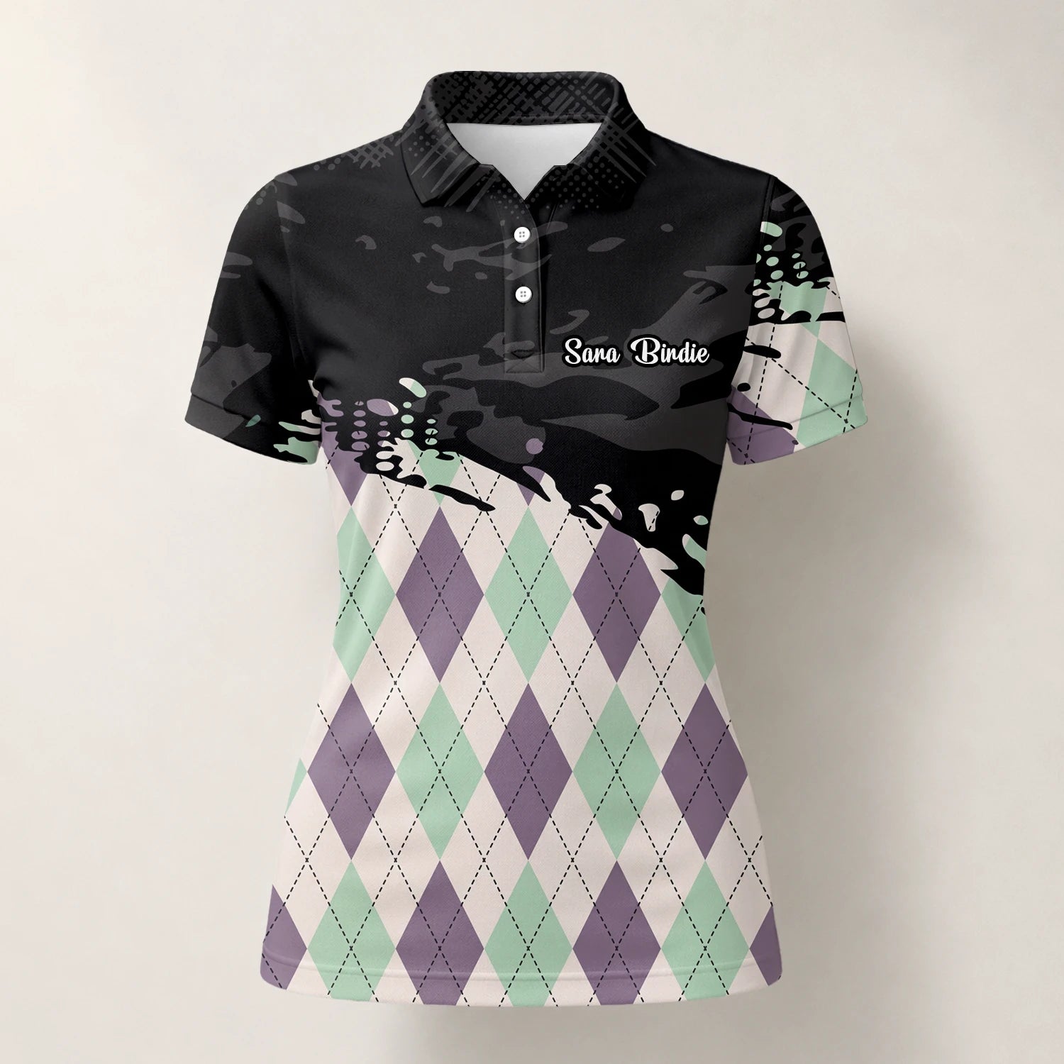 Personalisiertes Golf Poloshirt Schwarz Mint Lila Rauten Farbklecks Design für Damen C5124