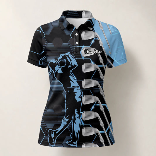 Personalisiertes Golf Poloshirt in Schwarz-Blau mit Golfer- und Golfschläger-Grafik für Damen J5818