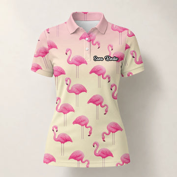 Personalisiertes Golf Poloshirt Creme Rosa Flamingo Design für Damen P5242