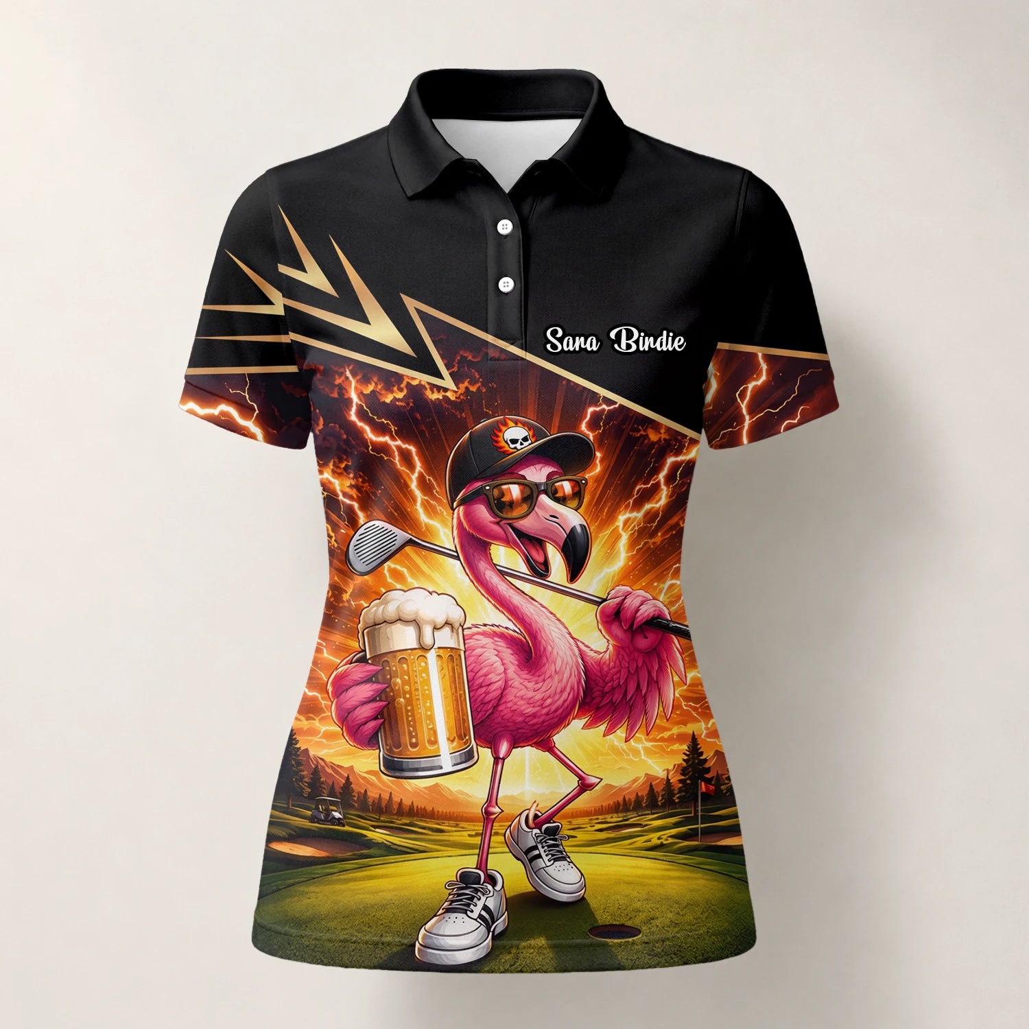 Personalisiertes Golf Poloshirt Schwarz Orange Flamingo Bier Golfer Blitz Design für Damen E3673