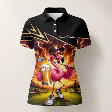 Personalisiertes Golf Poloshirt Schwarz Orange Flamingo Bier Golfer Blitz Design für Damen E3673