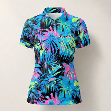 Personalisiertes Golf Poloshirt Schwarz Neon Tropisches Blätter Design für Damen D2207