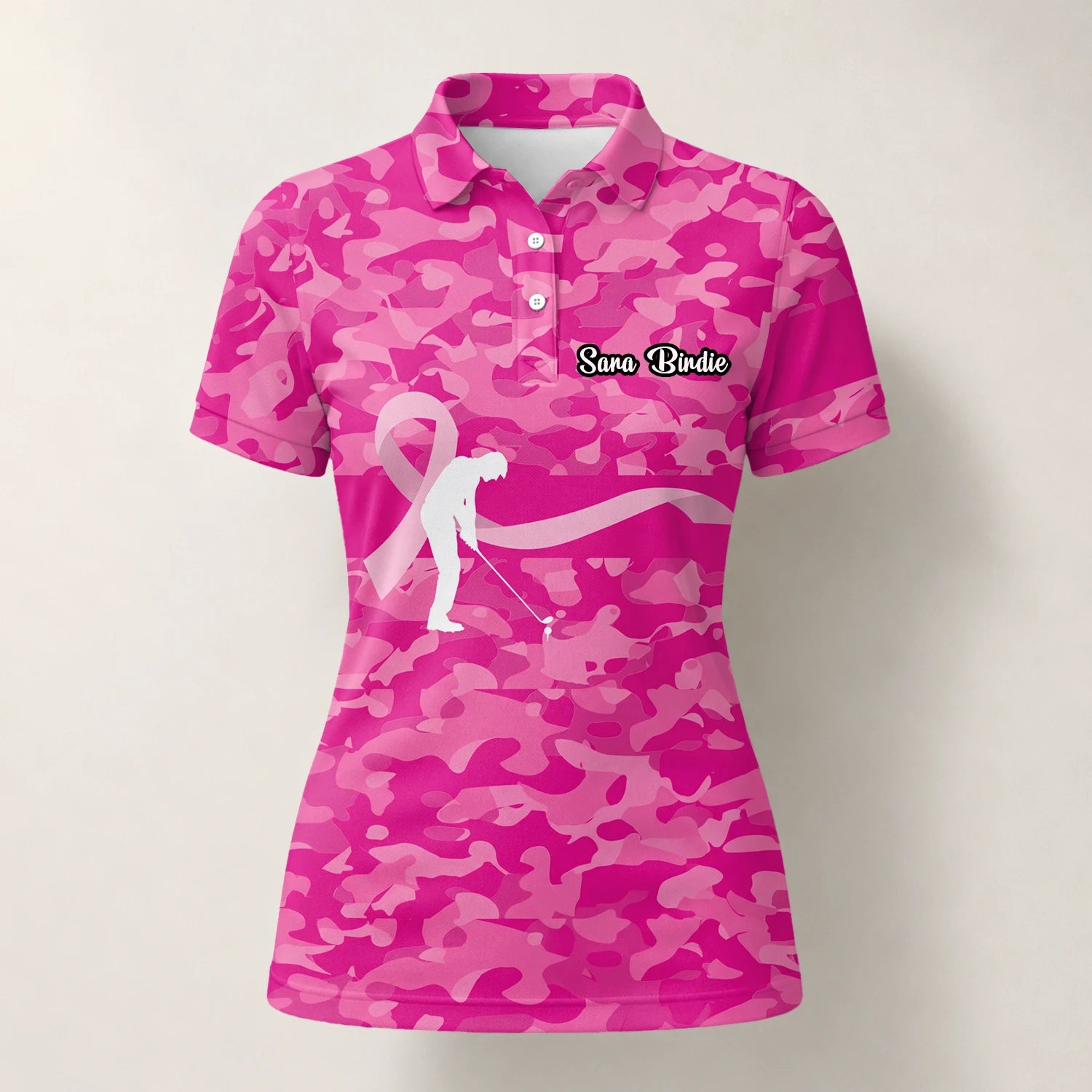 Personalisiertes Golf Poloshirt Rosa Camo Brustkrebs Awareness Schleifen Golfer Design für Damen Z3179