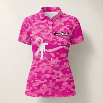 Personalisiertes Golf Poloshirt Rosa Camo Brustkrebs Awareness Schleifen Golfer Design für Damen Z3179