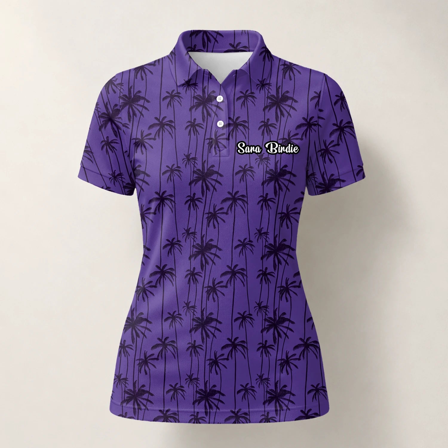 Personalisiertes Golf Poloshirt Lila Palmen Silhouetten Design für Damen P3247