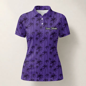 Personalisiertes Golf Poloshirt Lila Palmen Silhouetten Design für Damen P3247