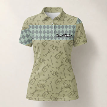 Personalisiertes Golf Poloshirt Khaki Golfschläger Skizzen Rauten Design für Damen K5983