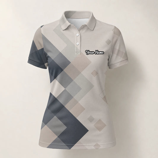 Personalisiertes Golf Poloshirt Beige Graues Rauten Muster für Damen Z6499