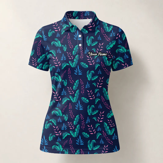 Personalisiertes Golf Poloshirt Marineblau Türkis Tropisches Blätter Design für Damen S8145